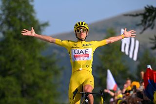 COL DE LA COUILLOLE FRANCE JULY 20 Tadej Pogacar of Slovenia and UAE Team Emirates Yellow Leader Jersey celebrates at finish line as stage winner during the 111th Tour de France 2024 Stage 20 a 1328km stage from Nice to Col de la Couillole 1676m UCIWT on July 20 2024 in Col de la Couillole France Photo by Tim de WaeleGetty Images