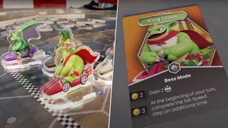 Dungeon Kart racer tokens on the starting line, alongside a Dungeon Kart character card depicting 'King Croak'