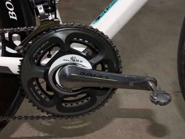 An SRM power meter is mounted up with Dura-Ace 7900 chainrings. Surprisingly given Andy Schleck's (LEOPARD TREK) height, the crankarms measure just 172.5mm in length.