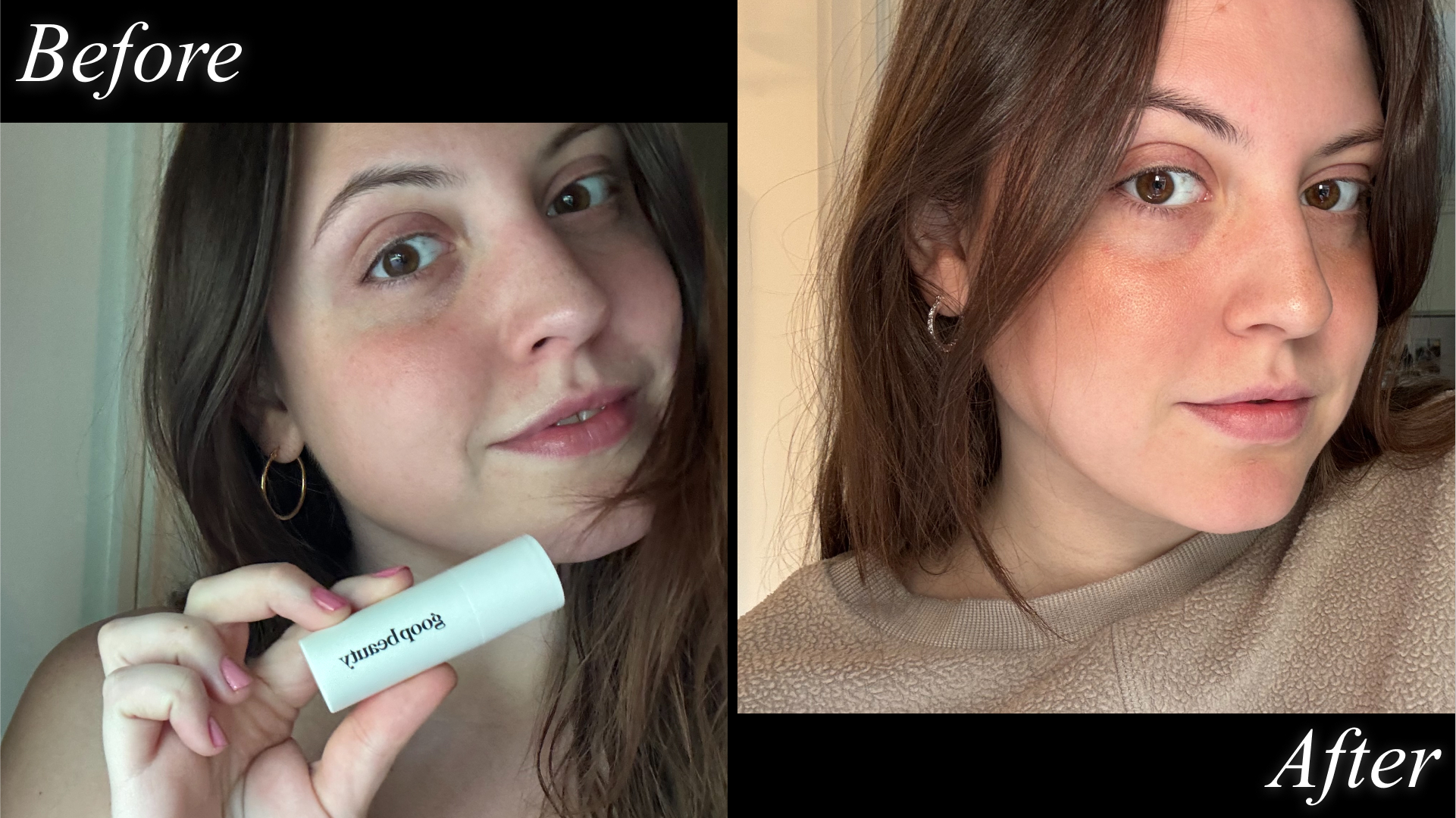Sophia Vilensky before and after testing goop beauty's new highlighter.