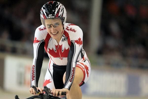 Tara Whitten (Canada) hears over the tannoy that she is the new women's omnium world champion.
