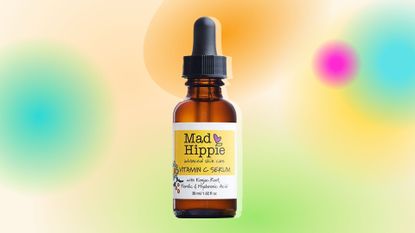 Mad Hippie vitamin C serum with a white drop shadow on a colorful background, to signify the Mad Hippie vitamin C serum review