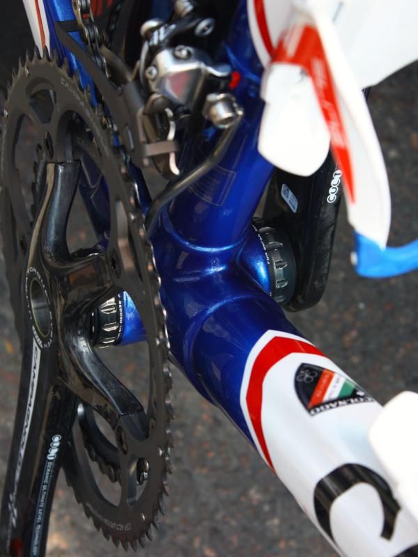 The Campagnolo Super Record cranks rotate on stock ceramic bearings.