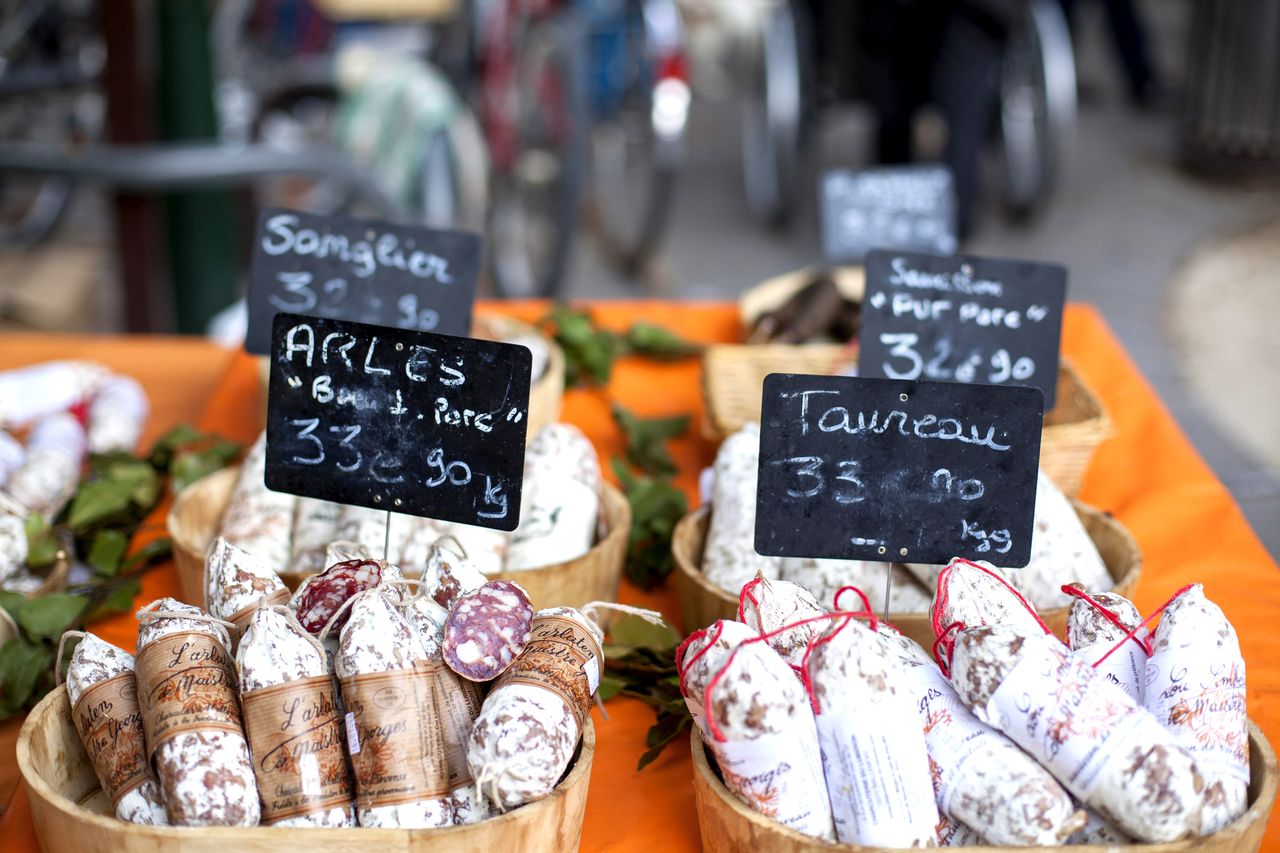 Meat in a French butcher shop.