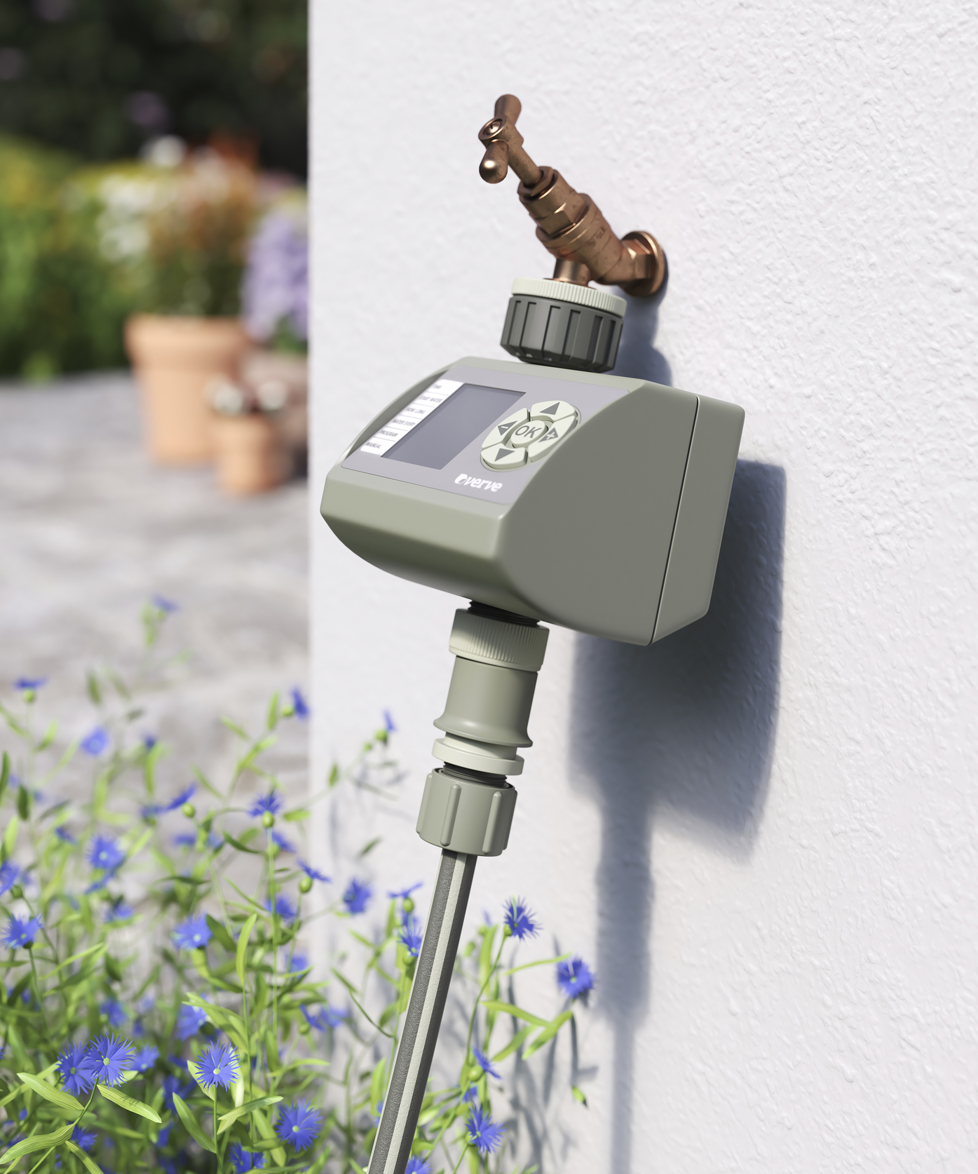 Verve Daily Watering Timer attached to an outdoor tap on a wall