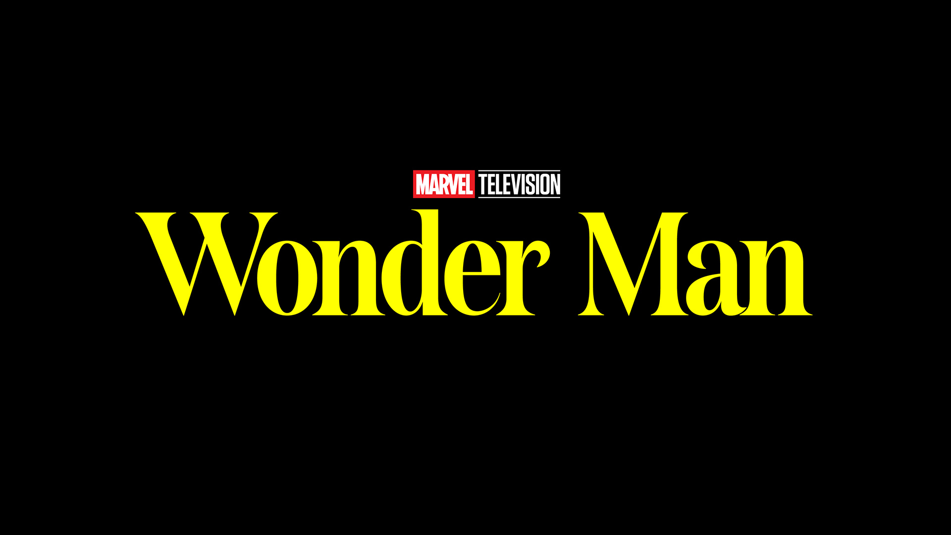 The official logo for Marvel&#039;s Wonder Man TV show shown in yellow text on a black background