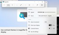 Windows 11 Magnifier application interface showing open settings, highlighting options for Speed, Voice (Microsoft David), Zoom increment (50%), Zoom per display (On), and Contrast theme (Off).