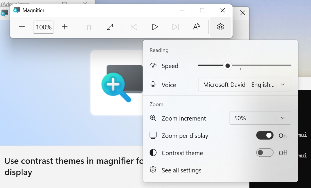 Windows 11 Magnifier application interface showing open settings, highlighting options for Speed, Voice (Microsoft David), Zoom increment (50%), Zoom per display (On), and Contrast theme (Off).