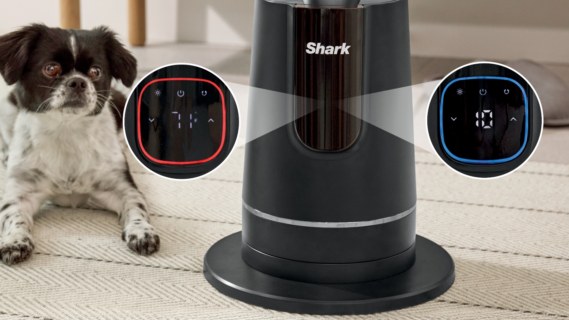 The Shark TurboBlade Cool and Heat shows hot and cold temperatures