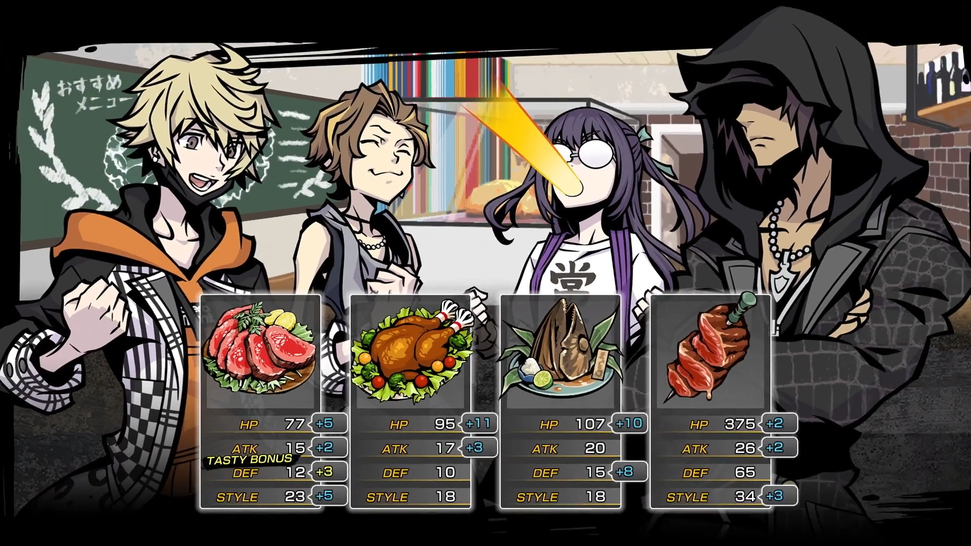 Four friends eating food together during the game NEO: The World Ends with You