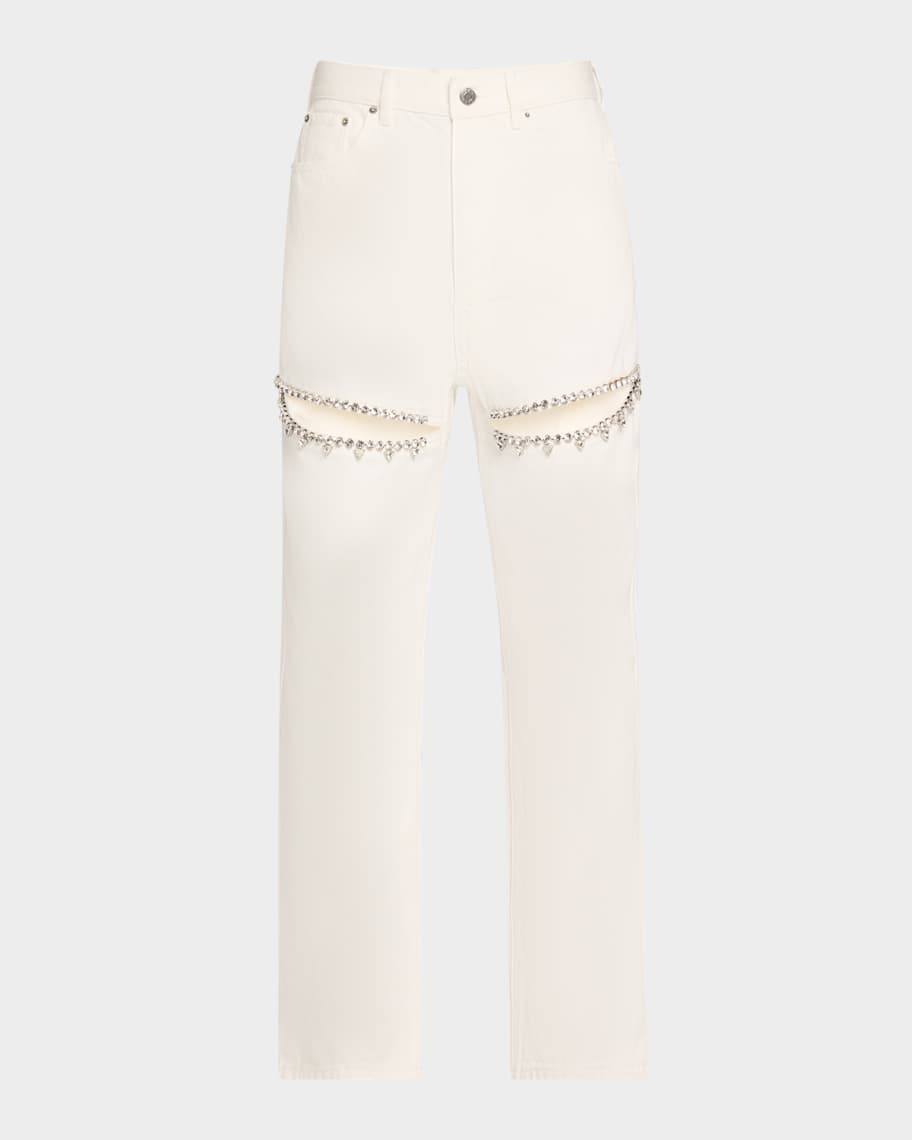Crystal Slit Straight-Leg Jeans