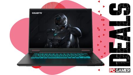 A Gigabyte A16 gaming laptop on a pink PC Gamer Deals background