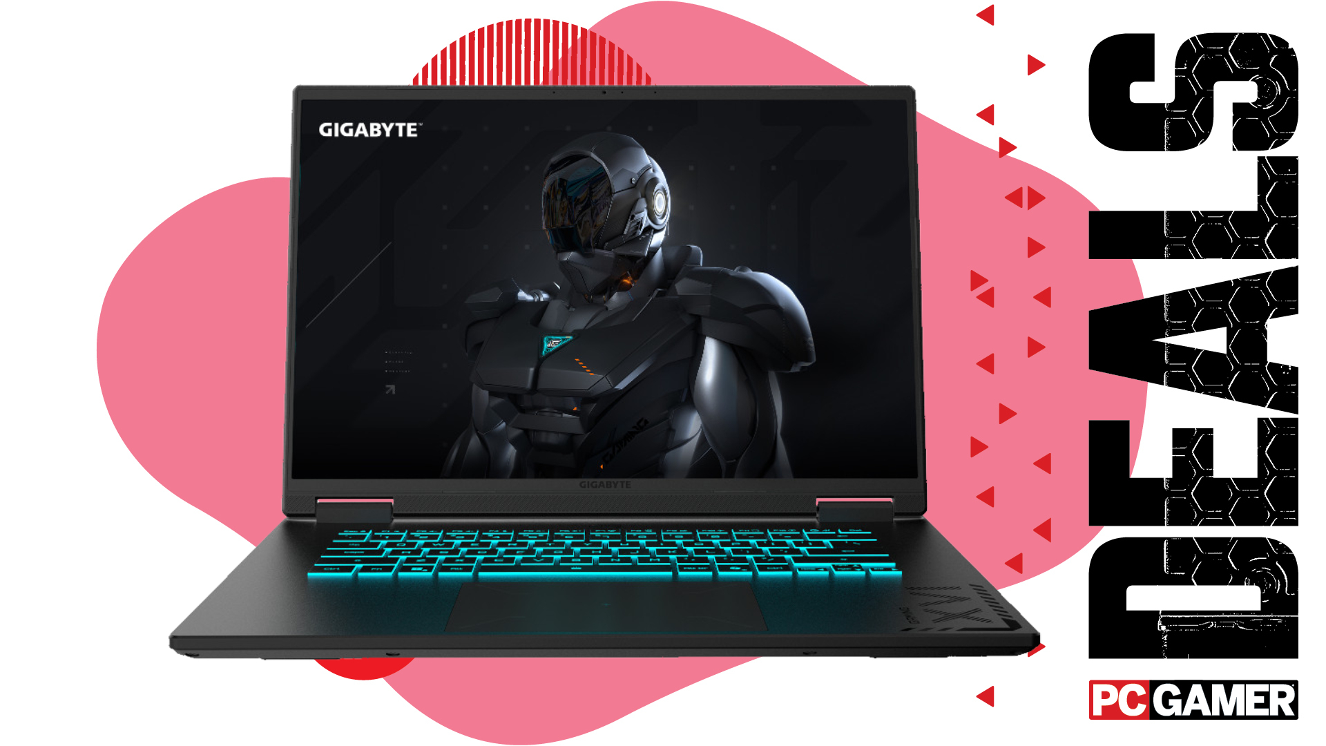 A Gigabyte A16 gaming laptop on a pink PC Gamer Deals background