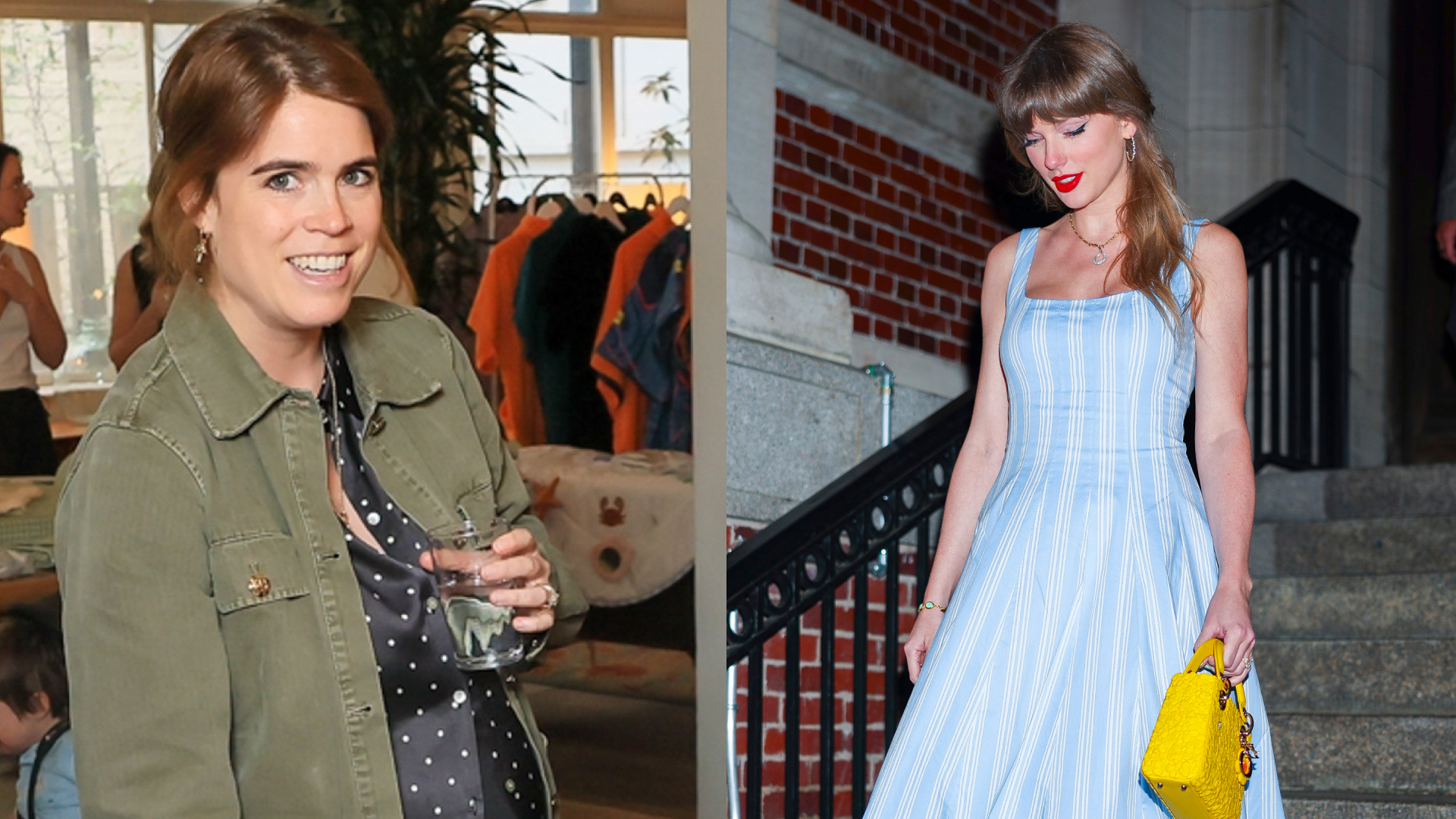 Princess Eugenie holding a glass of water; Taylor Swift in a blue dress walking down stairs