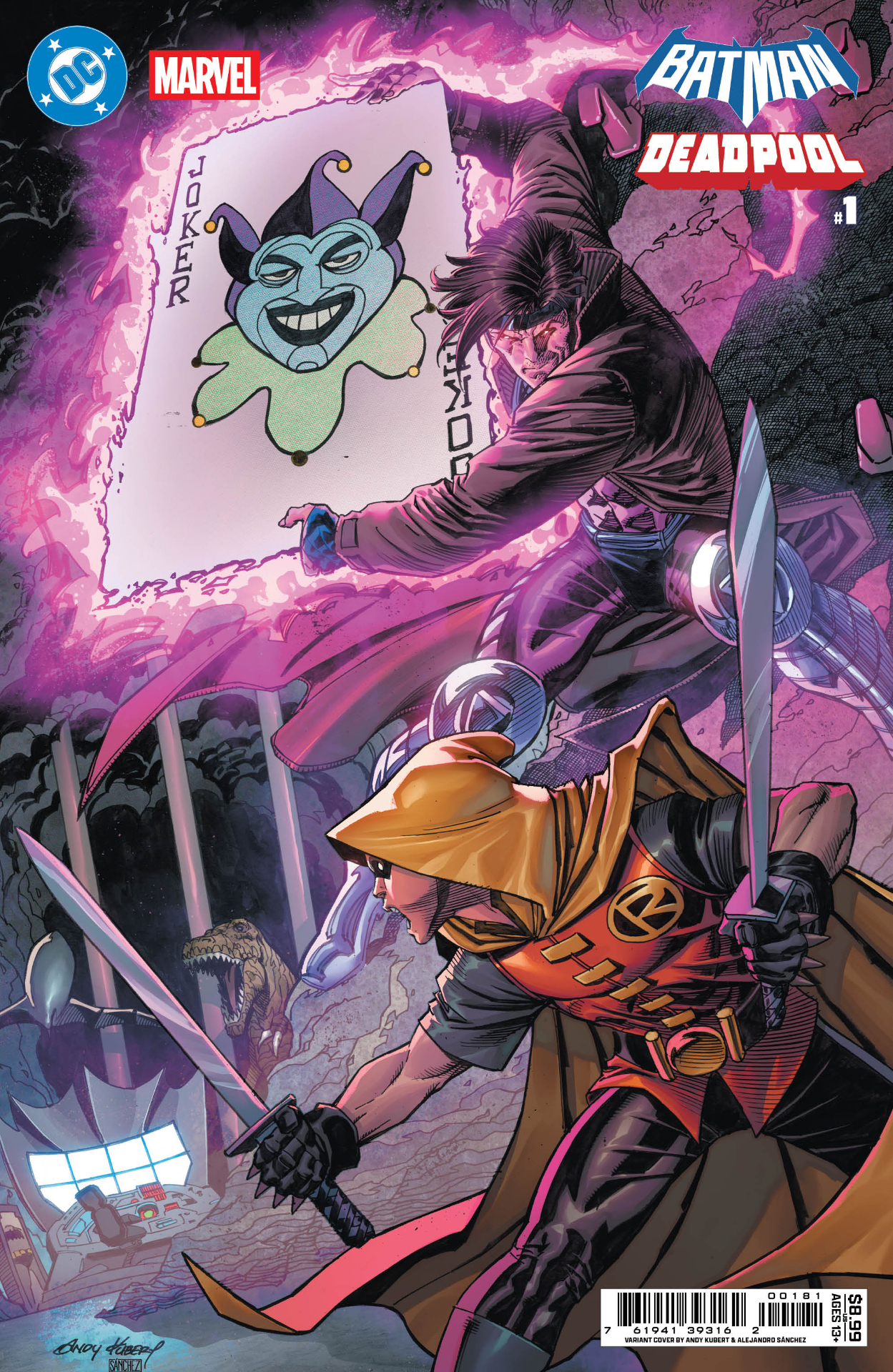 Gambit charging up the giant Joker card from the Batcave, preparing to throw it at Damian Wayne