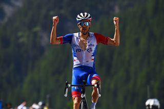 Thibaut Pinot celebrating as he wins stage of Tour de Suisse 2022