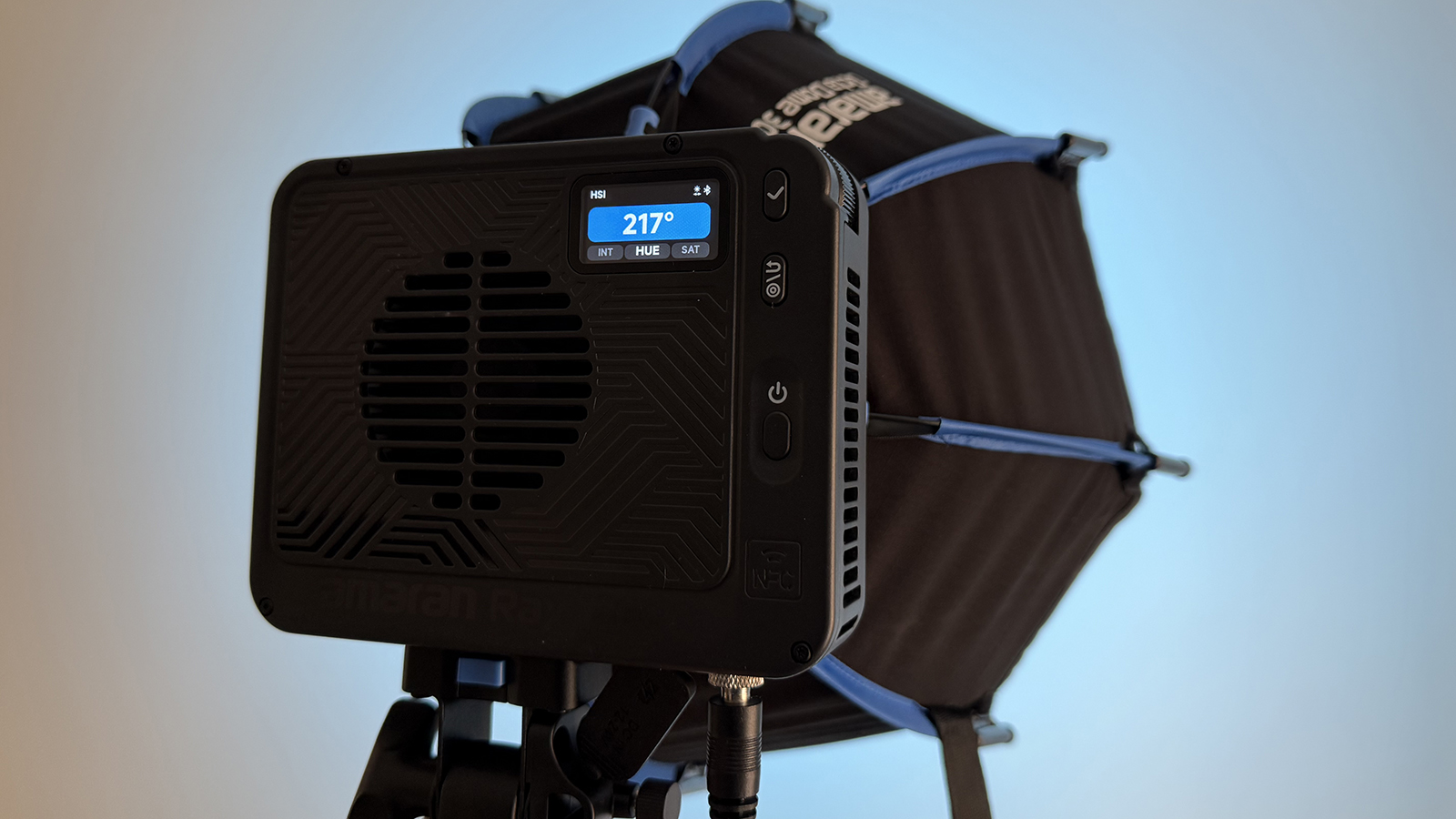 An Amaran Ray 120c with light modifier