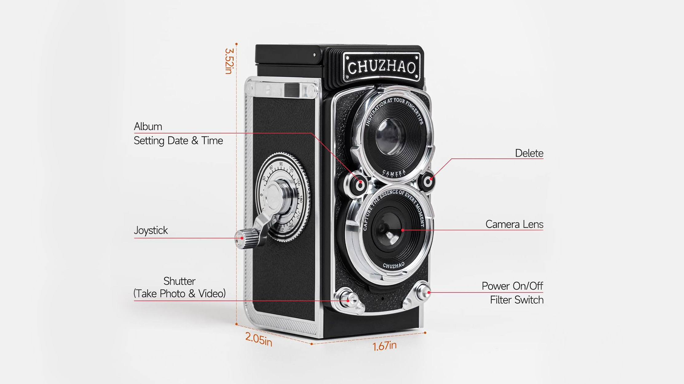A picture of the CHUZHAO Retro TLR 12MP Digital Camera on a white background with arrows pointing to its important features such as the sensor, joystick and buttons