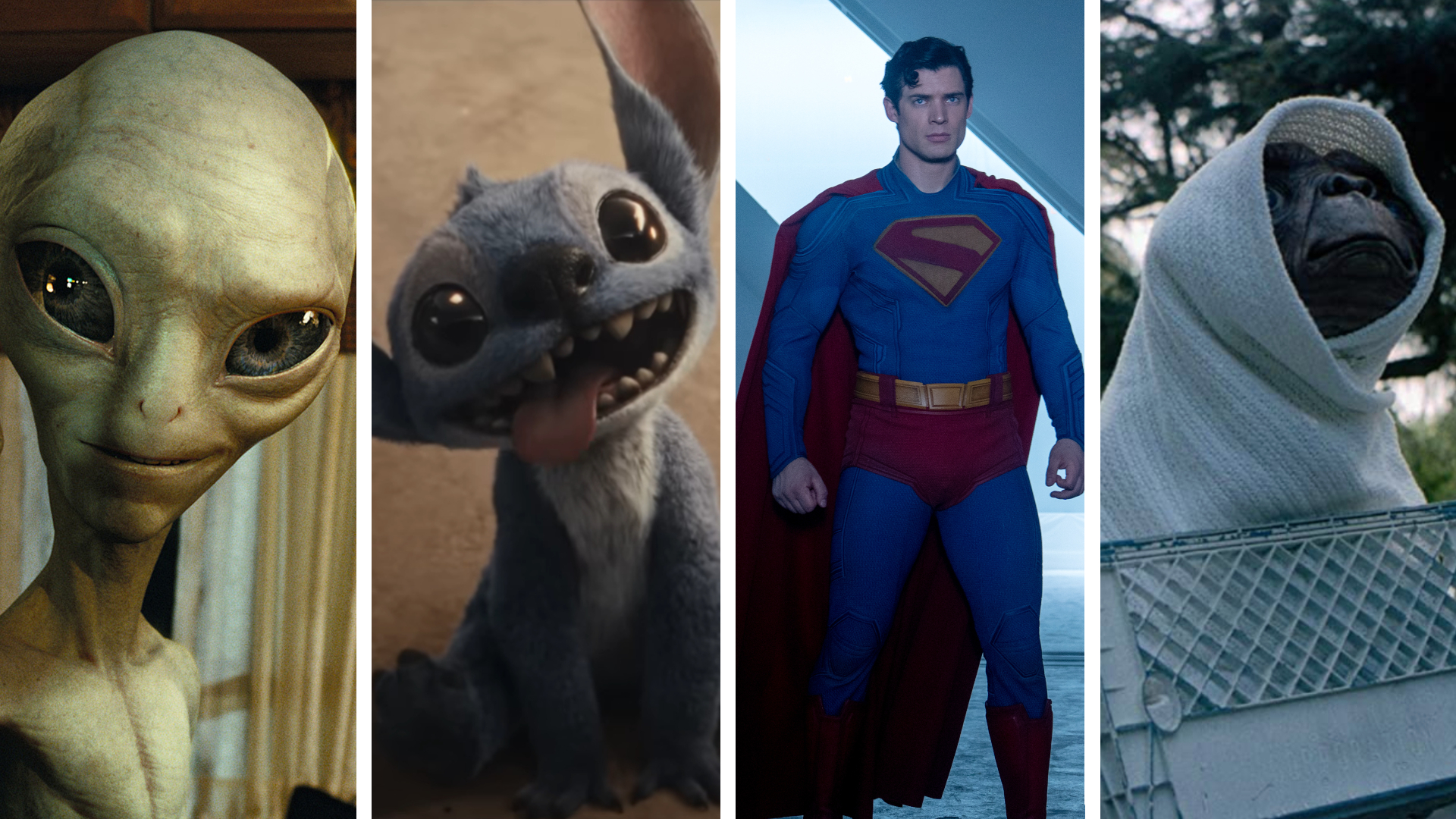 Best friendly aliens image showing Paul, Stitch, Superman, and E.T The Extra Terrestrial
