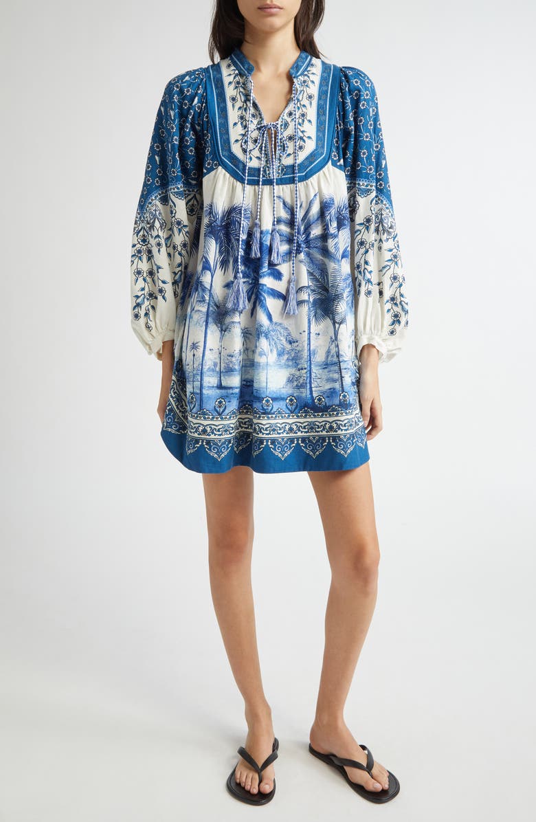 Palm Tree Print Linen Blend Tie Front Dress