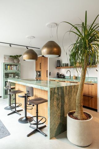 Kitchen island IKEA hacks with bamboo front and green marble top by KOAK Design