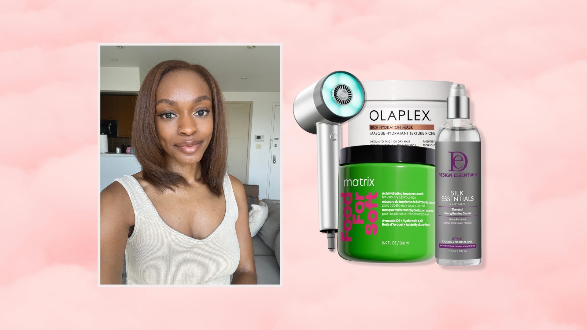 an edit of a person with short brown hair next to various hair products