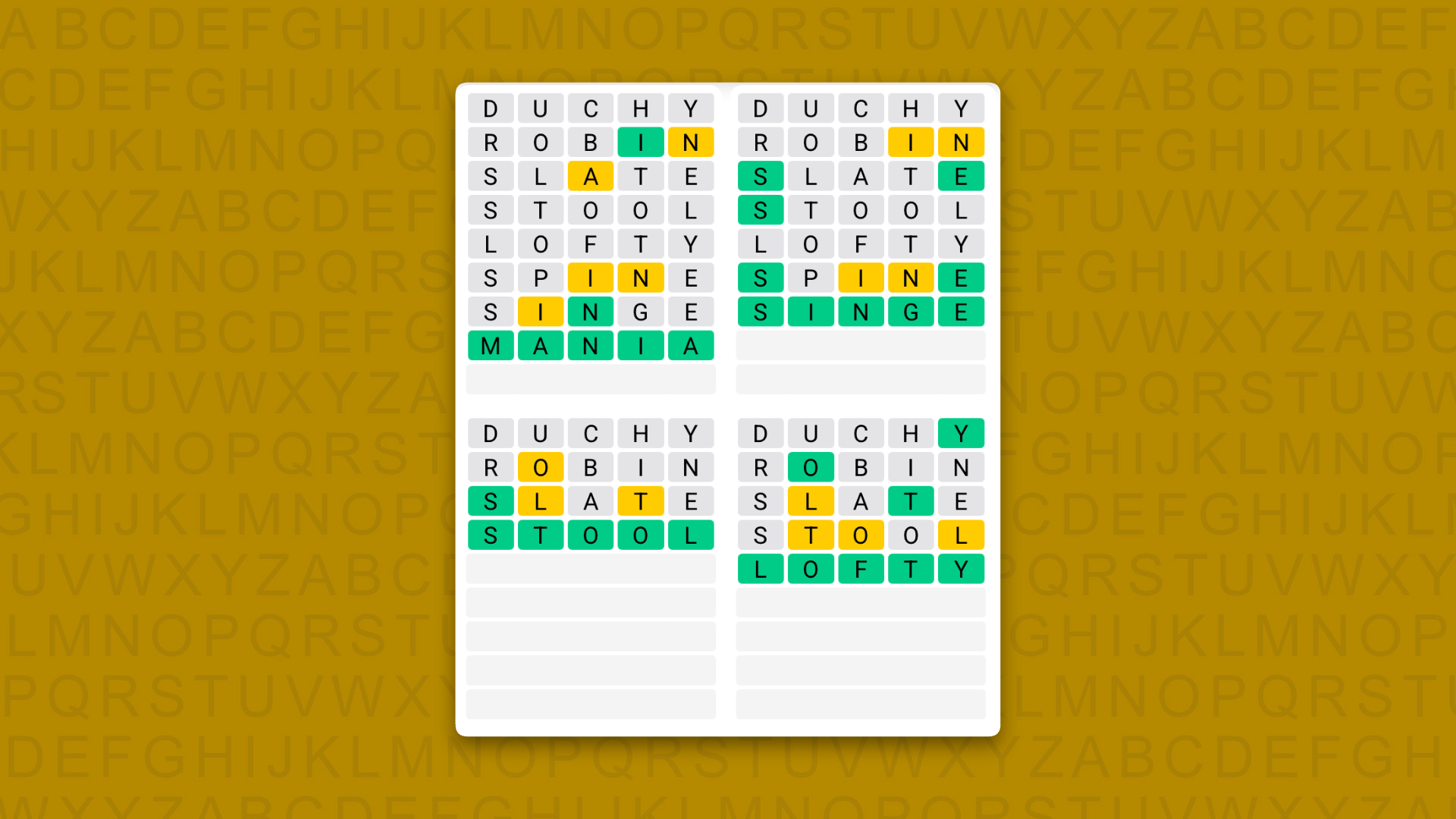 Quordle answers for game 1649 on a yellow background