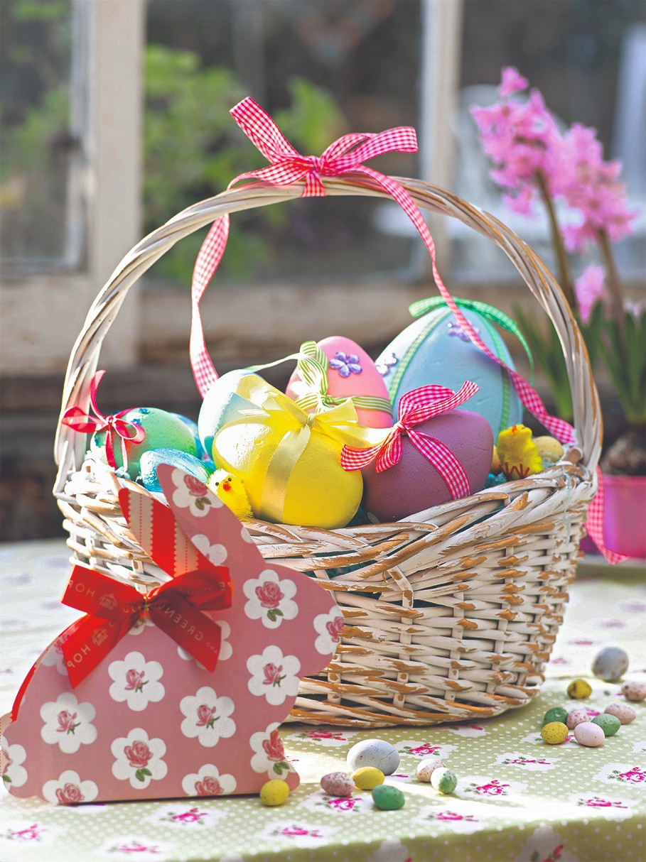 Easter basket with ribbon tied eggs