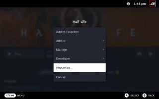 Half-Life properties menu displayed on a screenshot from the Steam Deck