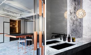 A dazzling kitchen, designed by Bruno Moinard for Obumex, makes use of bold copper details and brushed oak