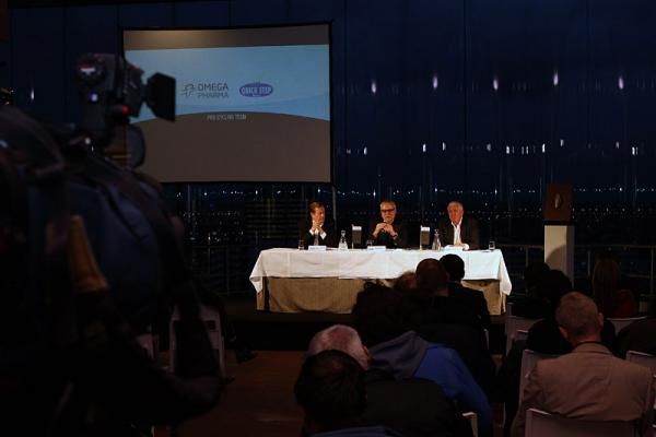 Omega Pharma-Quick Step Cycling Team principals Bessel Kok, Zdenek Bakala and Patrick Lefevere at Monday's press conference.
