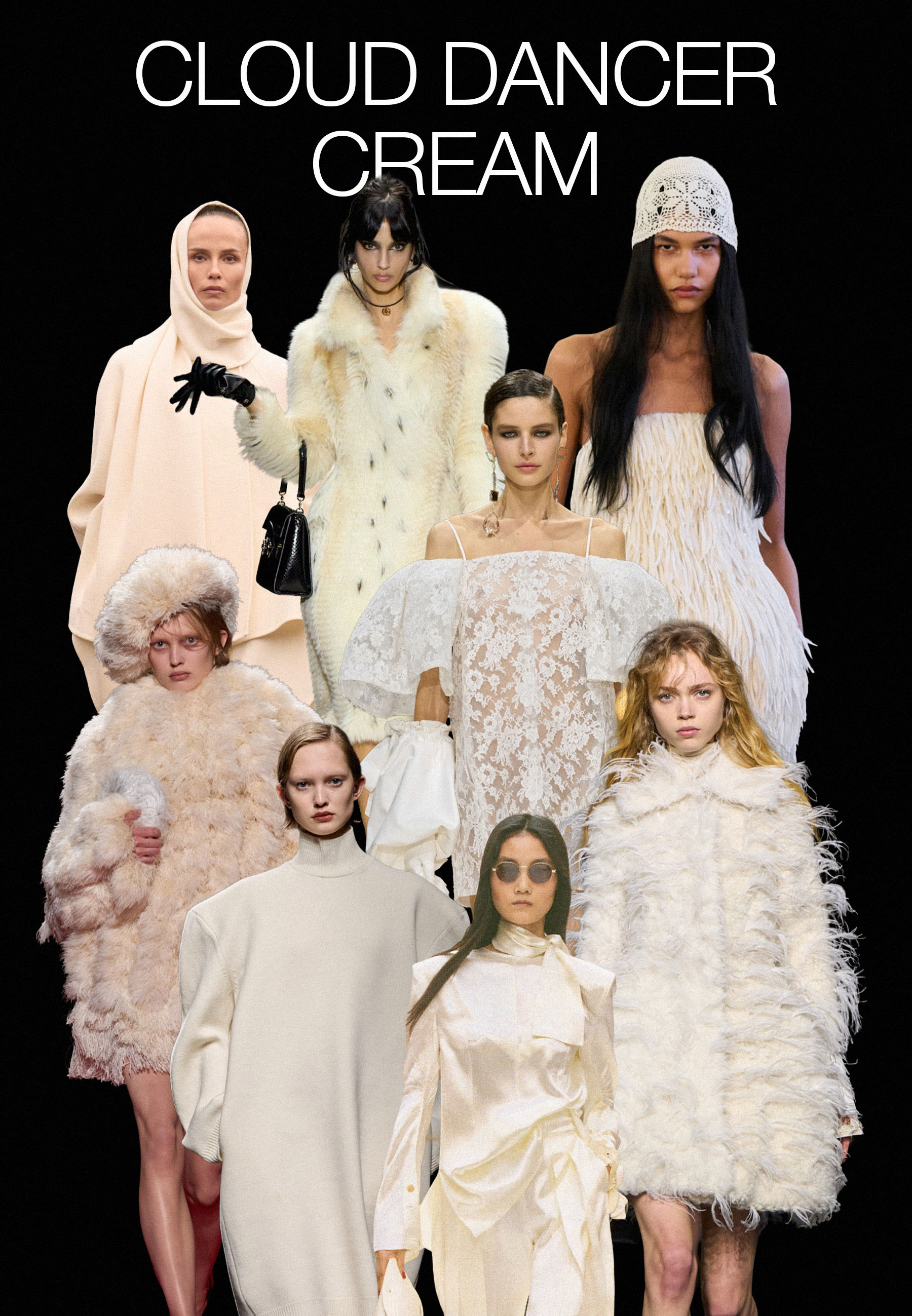 Collage of models on the autumn/winter 2026 runways at Alaia, Bottega Veneta, Gucci, Givenchy, Celine, Erdem, Magda Butrym wearing cloud dancer white, head to toe cream.