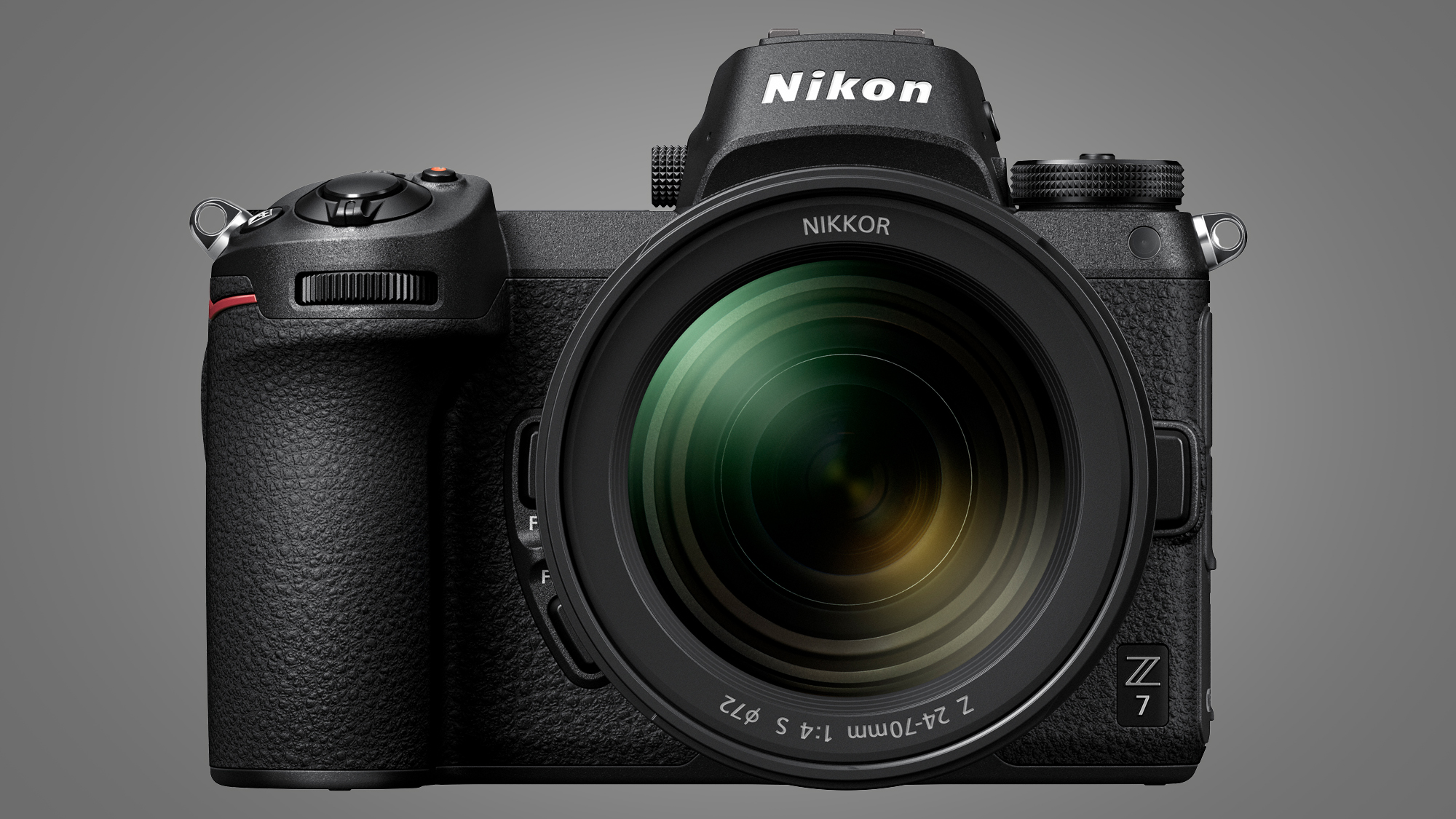 The Nikon Z7 camera on a grey background