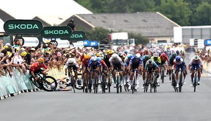 The bunch sprint on stage four of the 2023 Tour de France