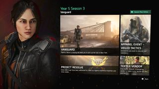 The season primer in The Division 2 Season 3 Vanguard showing details on the Textiles vendor