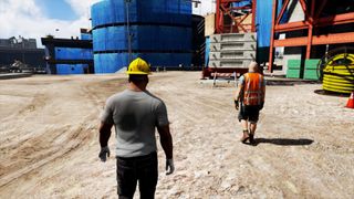 GTA 5 mods - a man with a yellow hard hat is walking towards a blue container
