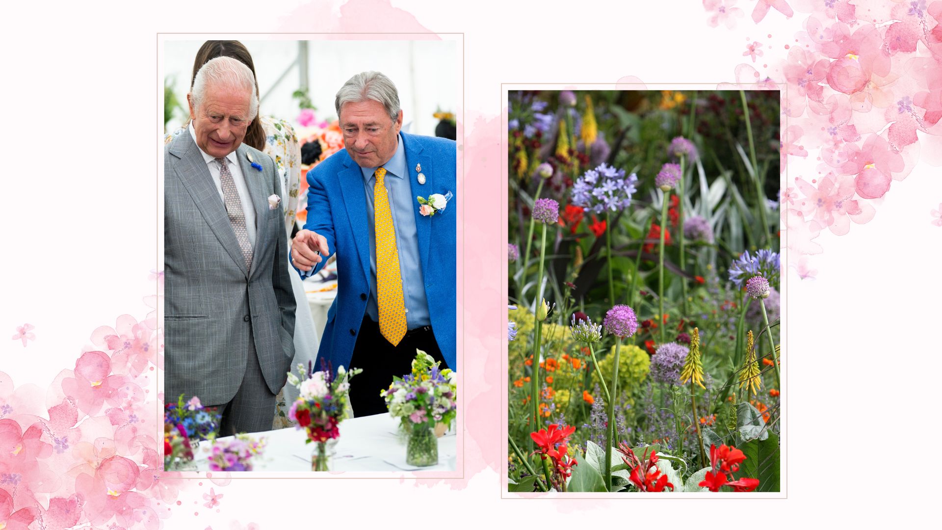 collage image of King Charles  and Alan Titchmarsh talking about flowers set next to an image of a wild meadow garden