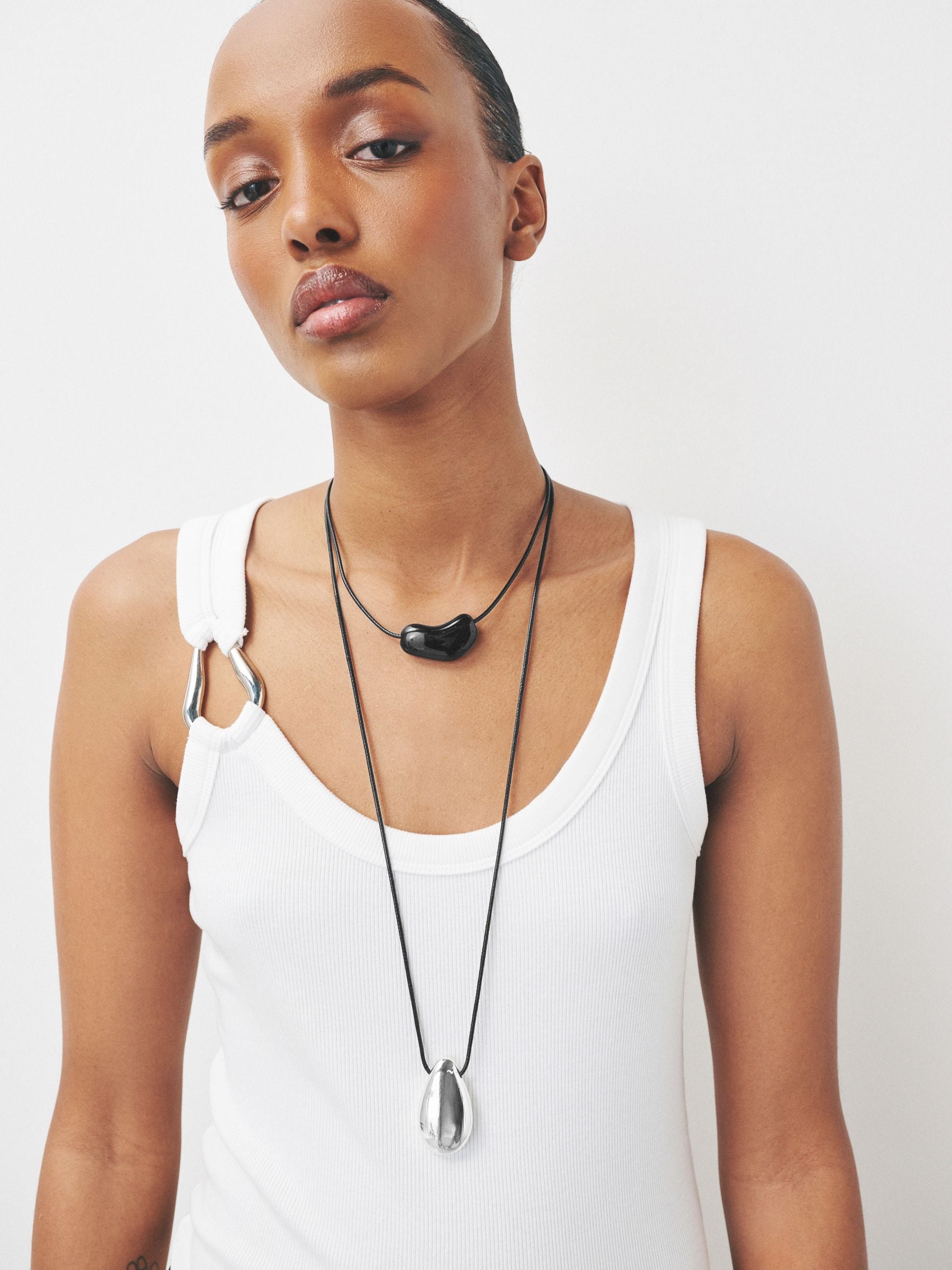 Black/silver Tone Cord Pendant 2 Layer Necklace - Size One