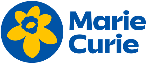Marie Curie logo - with a daffodil in a blue circle
