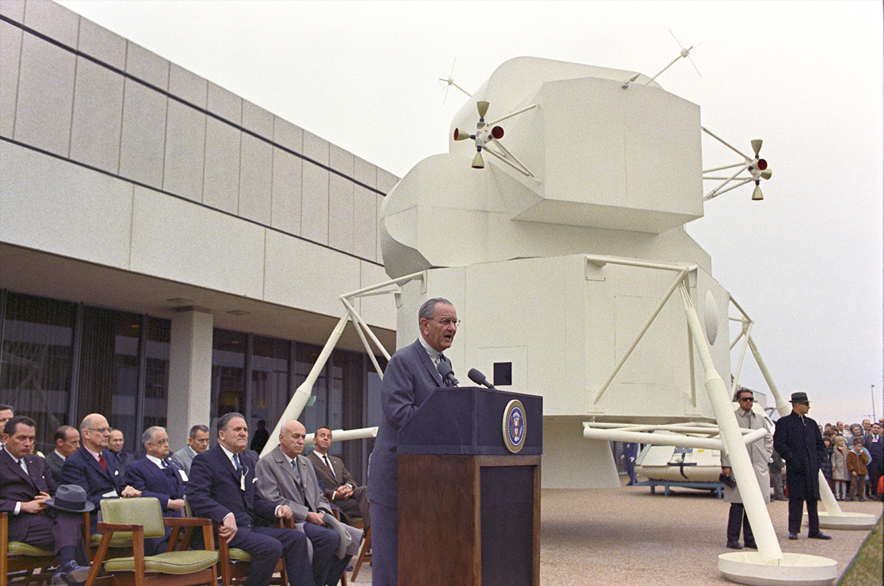 President Lyndon B. Johnson addresses NASA employees at the Manned Spacecraft Center in Houston, Texas on March 1, 1968. The center would be renamed for Johnson on Feb. 19, 1973, a month after the former president died.