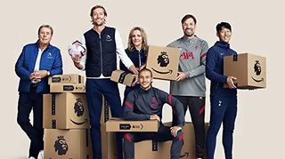 Promotional image for Premier League football on Amazon Prime featuring footballers holding boxes
