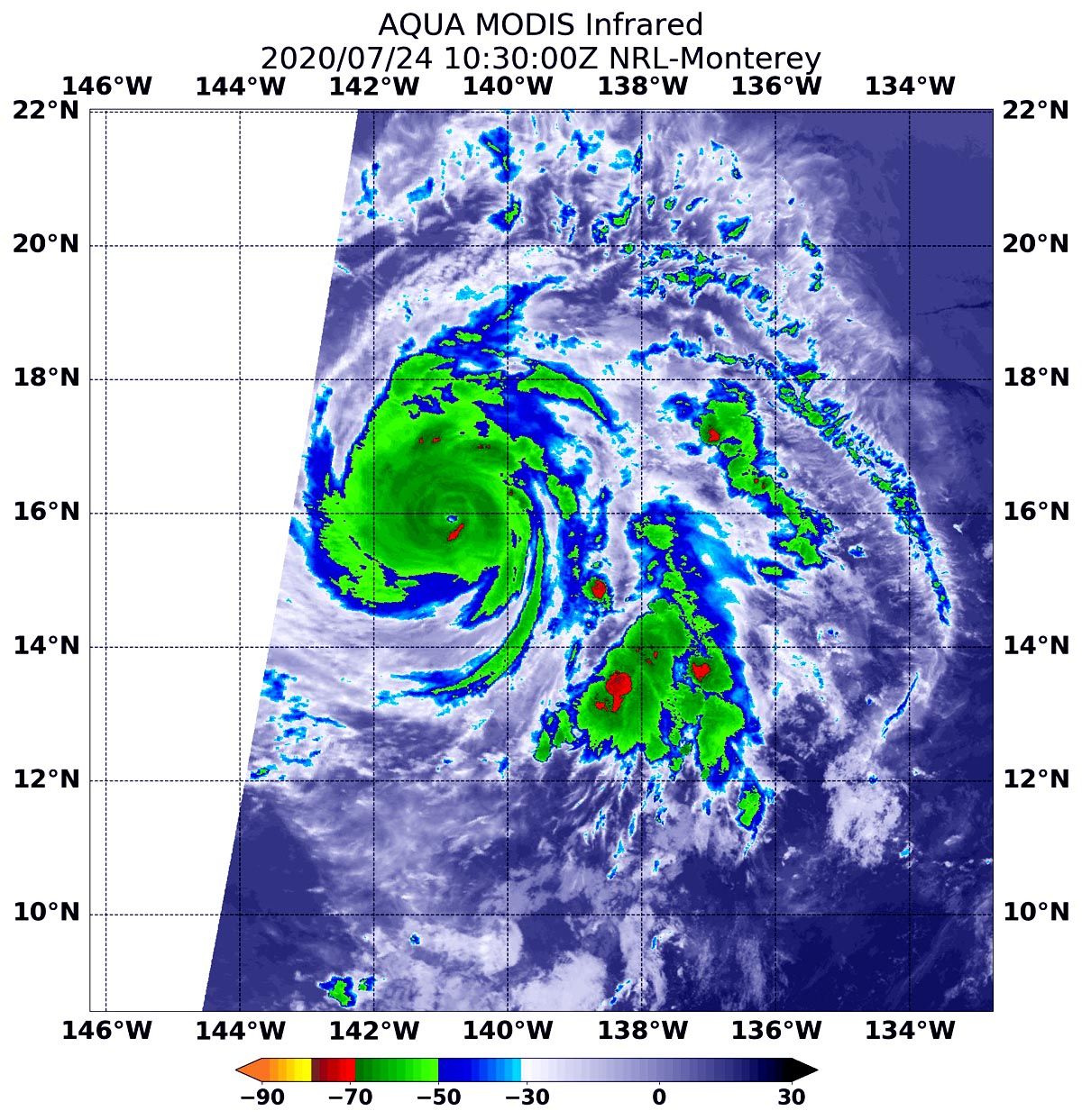 On July 24, 2020 at 6:30 a.m. EDT (1030 UTC), the MODIS instrument aboard NASA's Aqua satellite gathered temperature information about Hurricane Douglas' cloud tops. MODIS found the most powerful thunderstorms (red) were in the eyewall, where temperatures were as cold as or colder than minus 70 degrees Fahrenheit (minus 56.6 Celsius).