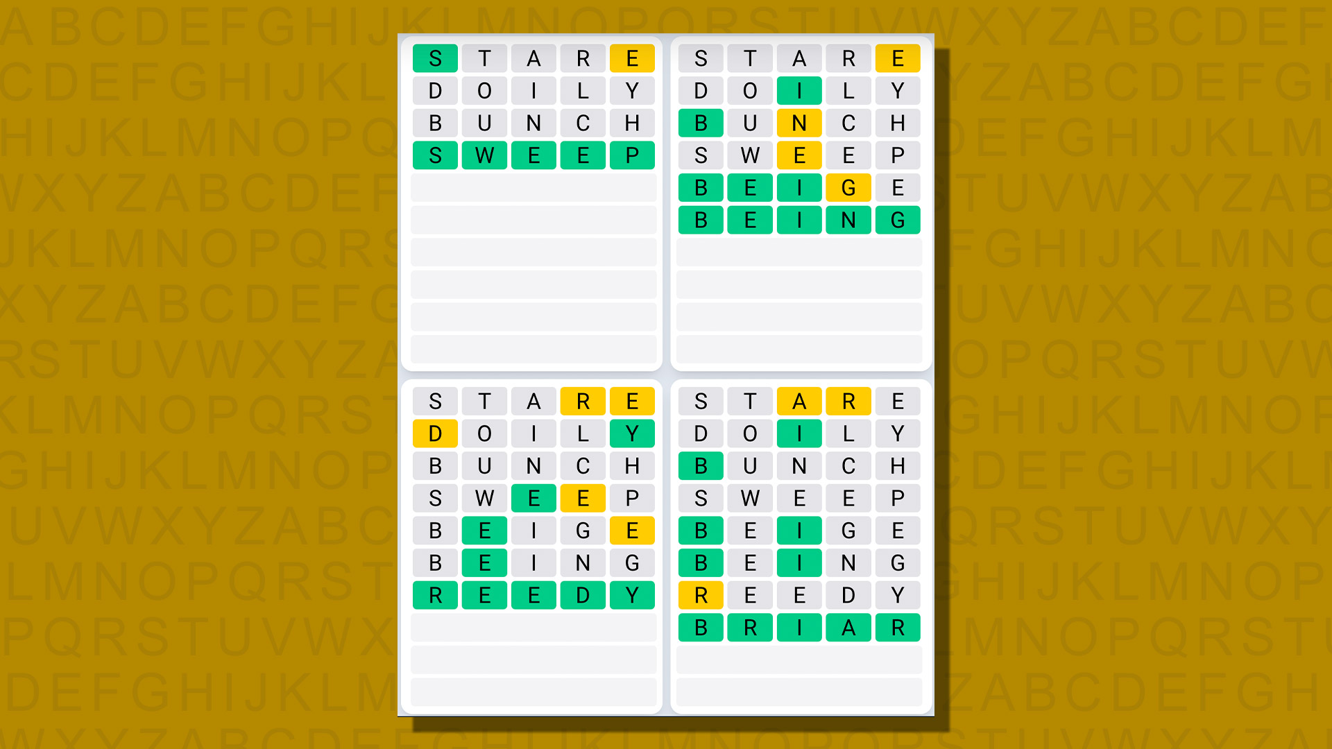 Quordle daily sequence answers for game 713 on a yellow background
