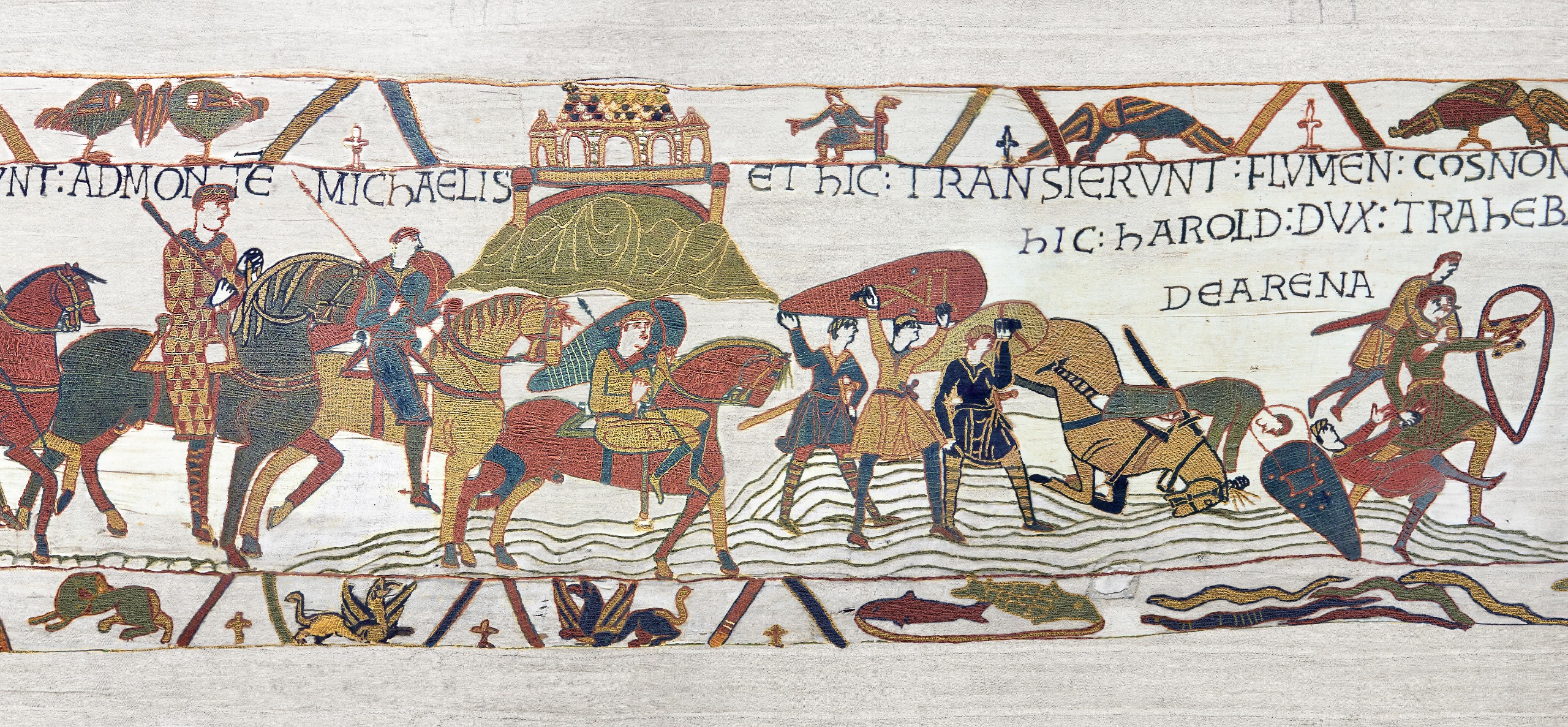 A scene from the Bayeux tapestry showing Harold's men getting stuck in quicksand