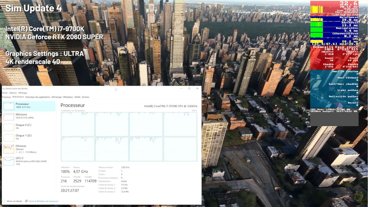 Microsoft Flight Sim stream screenshots showing performance with Sim Update 4 and Sim Update 5