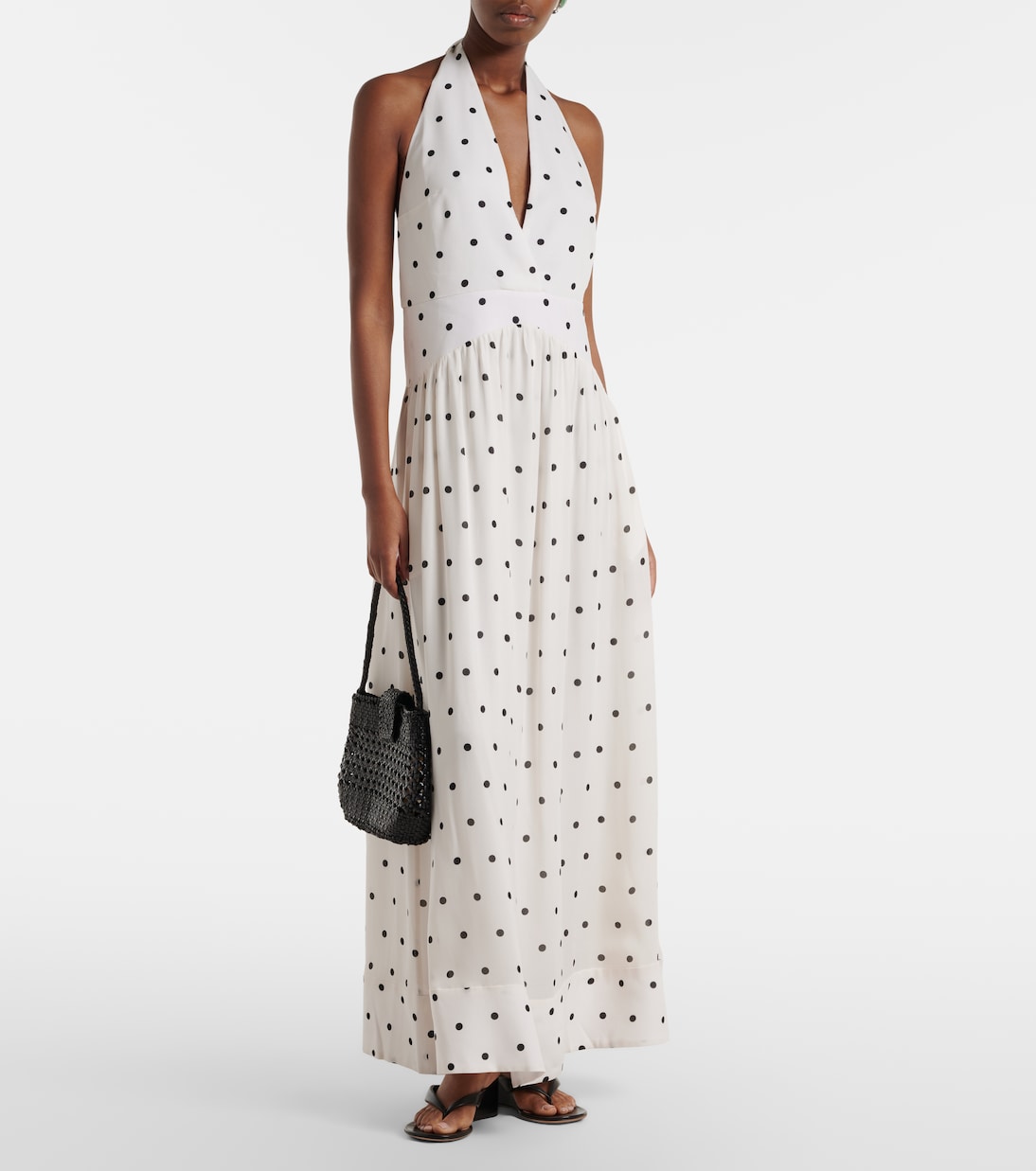 Polka-Dot Halterneck Maxi Dress in White - Adriana Degreas