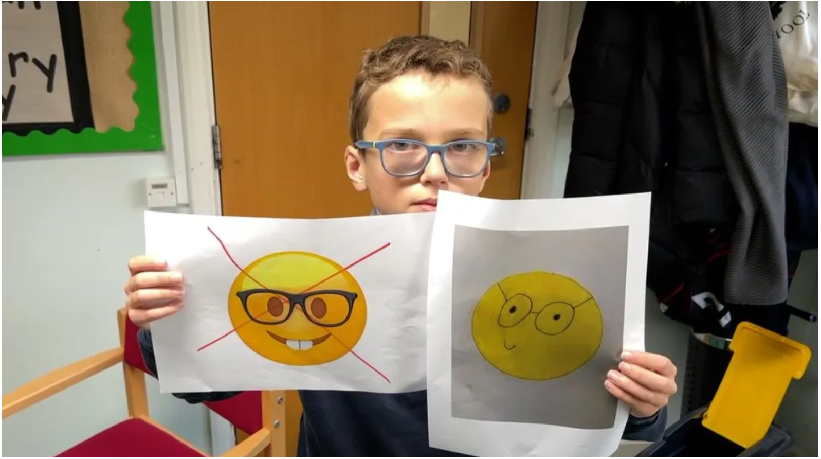 An image of a young boy with Apple's nerd face emoji design next to his own redesign