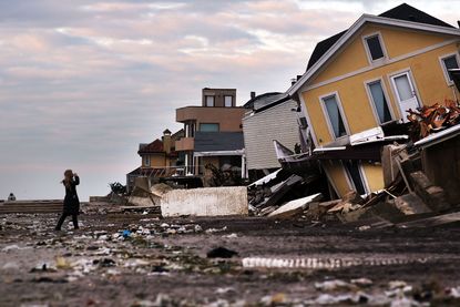 Destroyed houses along a New York beach