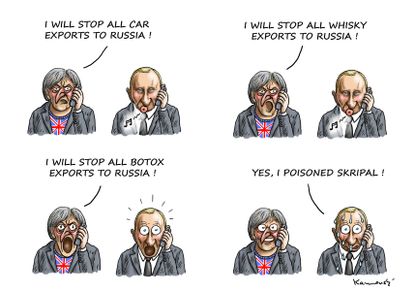 Political cartoon World Britain sanctions Theresa May Russia Putin botox spy poisoning