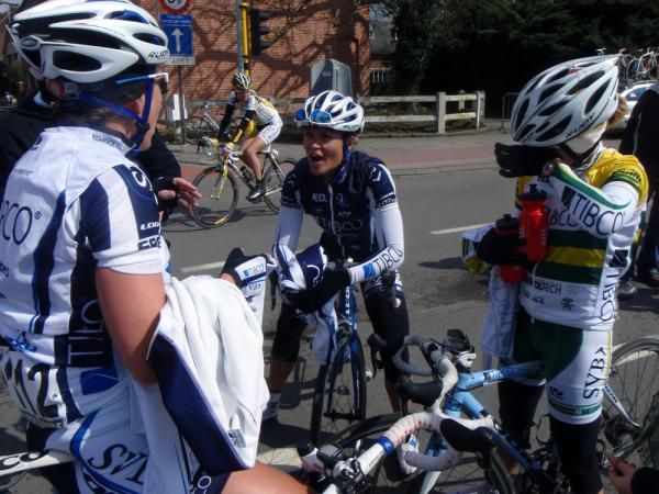 Team TIBCO riders hold an impromptu debrief